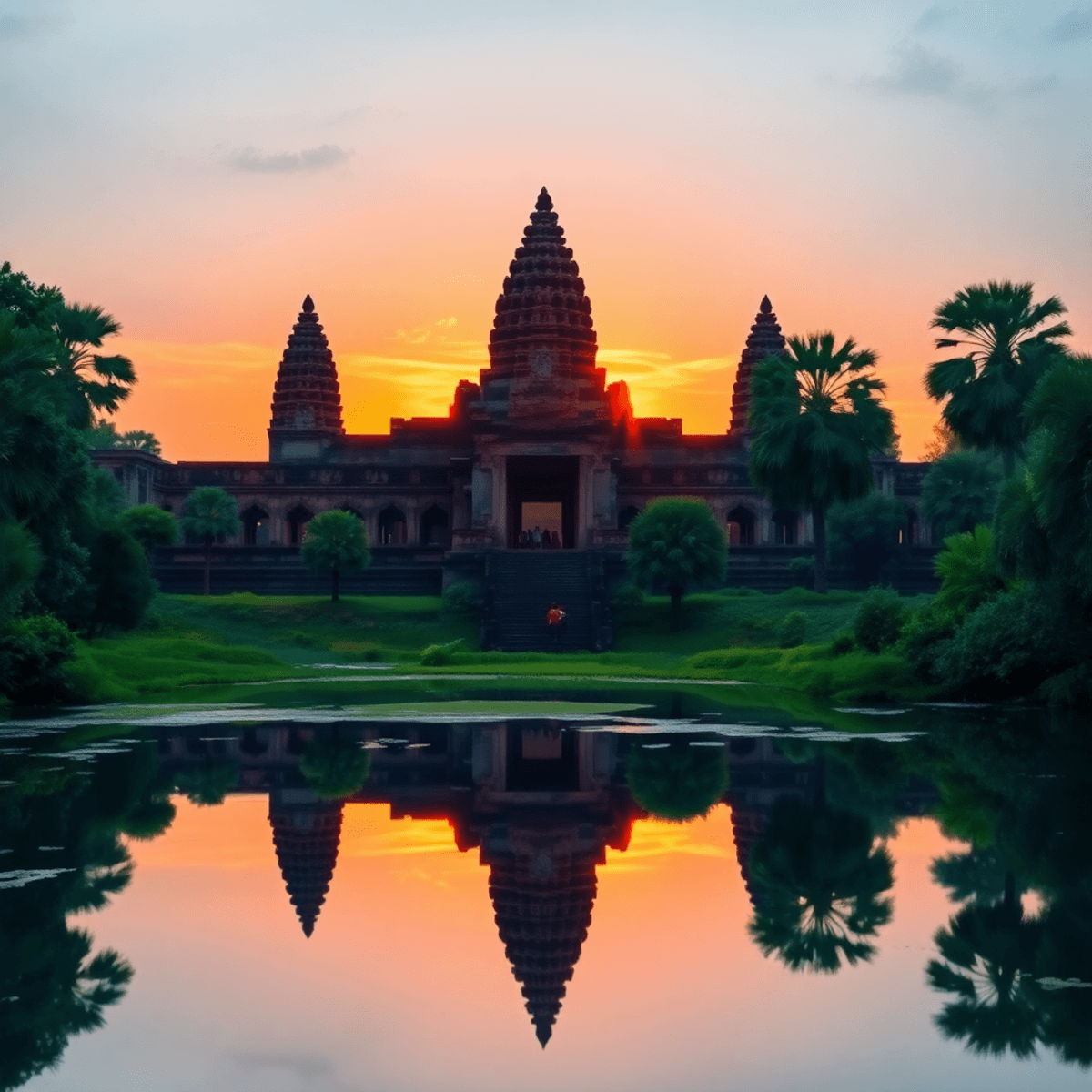 アンコールワットの朝日を描いた水彩画で、その壮大な建築、精巧な彫刻、豊かな緑、穏やかな水面の反射が際立っています。