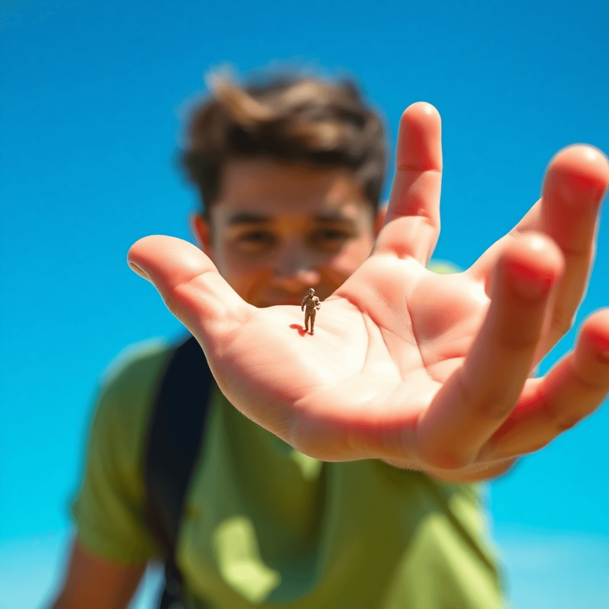 Person outdoors using forced perspective to appear holding a tiny distant object between fingers under bright blue sky, showcasing creativity and optical illusion.