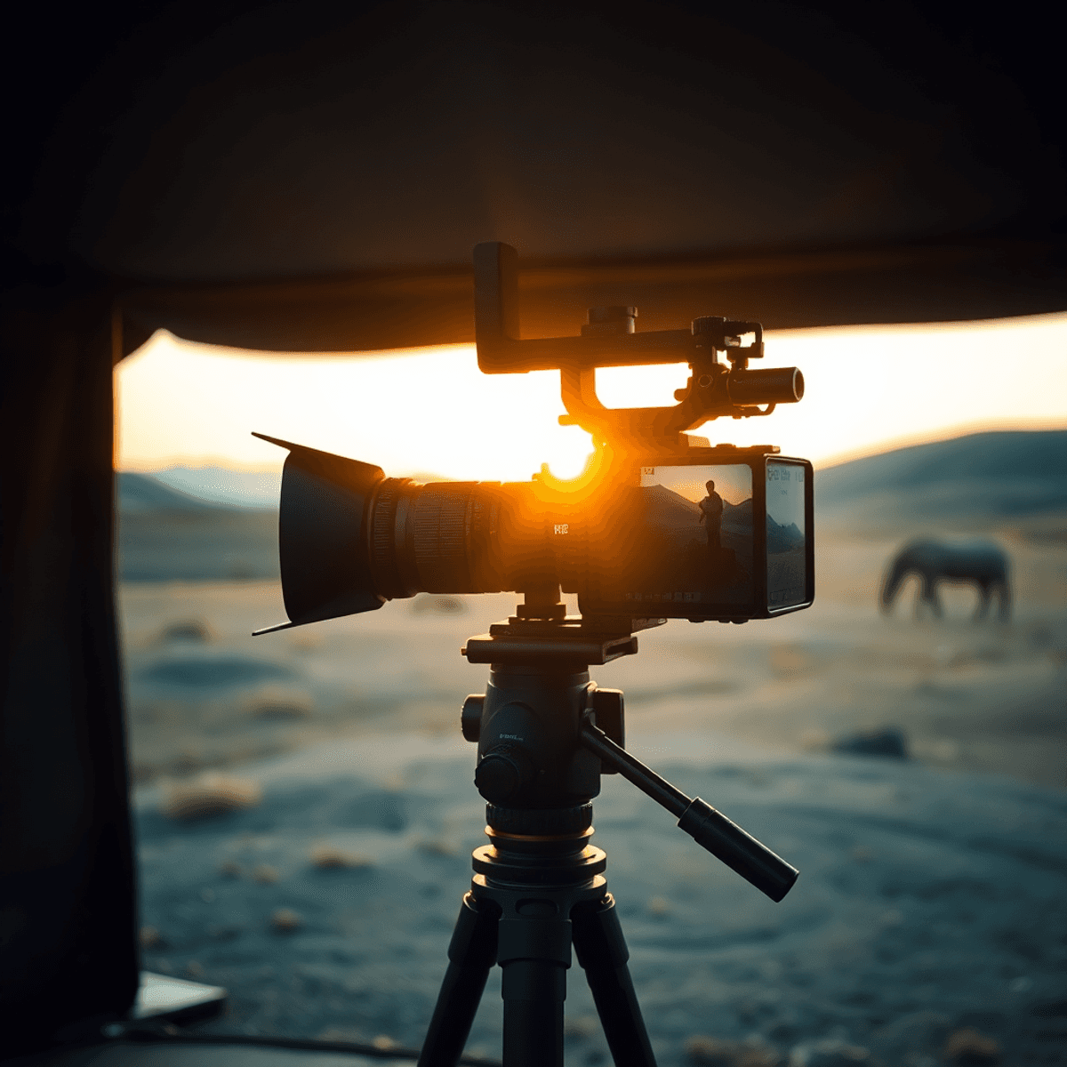 Professional camera on tripod filming a sunlit outdoor landscape with gentle hills under a clear sky during golden hour, capturing motion and warm light.