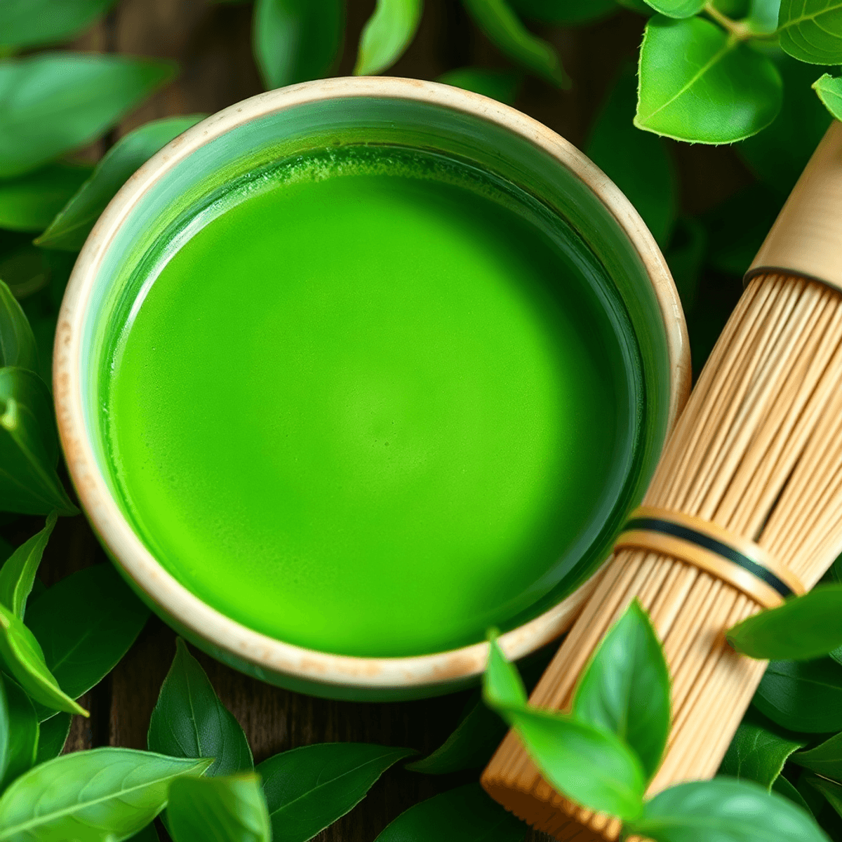 green gold Close-up of a bright green matcha tea bowl with bamboo whisk and fresh tea leaves, bathed in soft natural light.