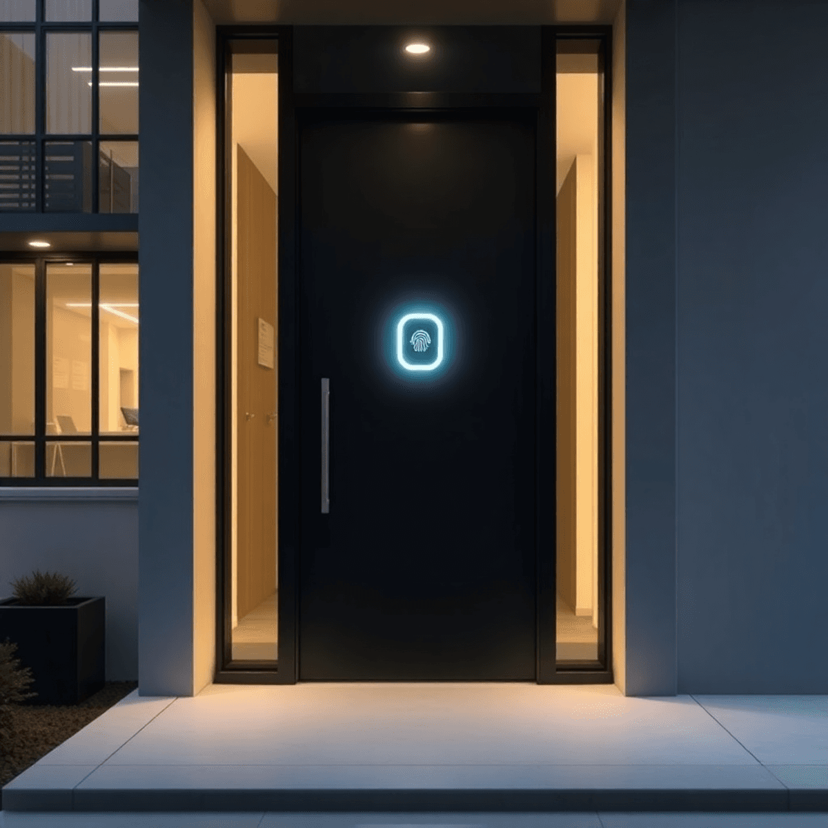 Modern smart home entrance with touchless biometric scanner and proximity sensor on a sleek condo facade, highlighting security and convenience.