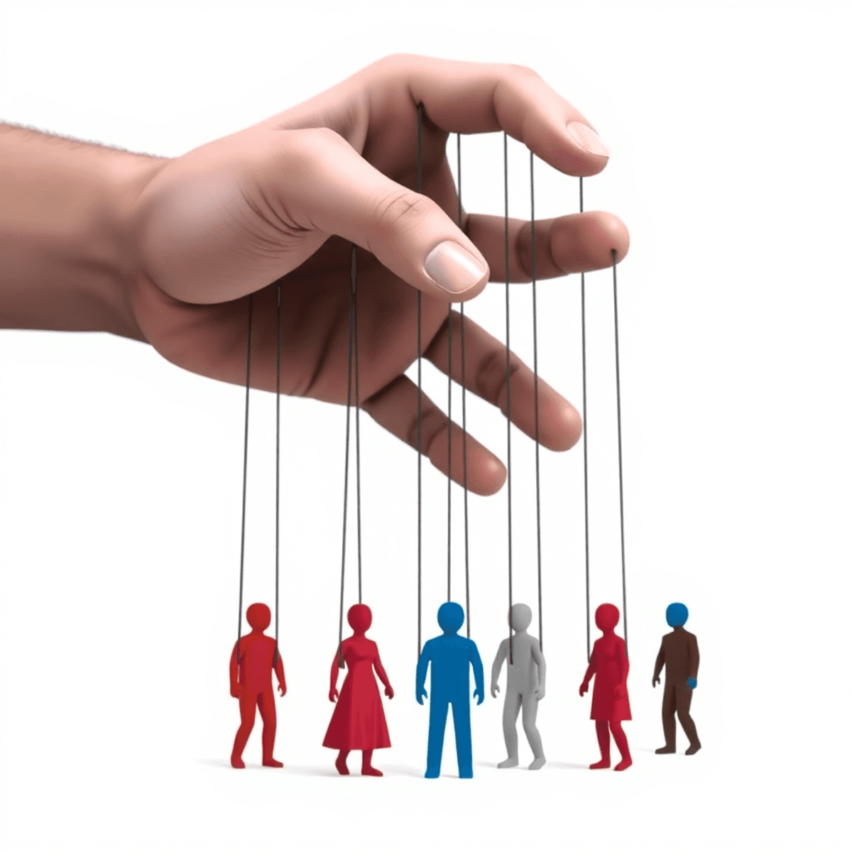 A large hand controlling puppet strings attached to smaller figures, symbolizing control and domination in relationships against a neutral background.