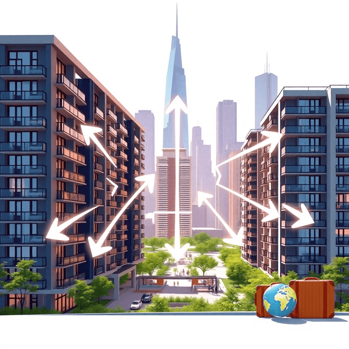 Modern condo with urban skyline, interconnected arrows symbolizing journey, and subtle globe and suitcase elements in bright, inviting digital art style.