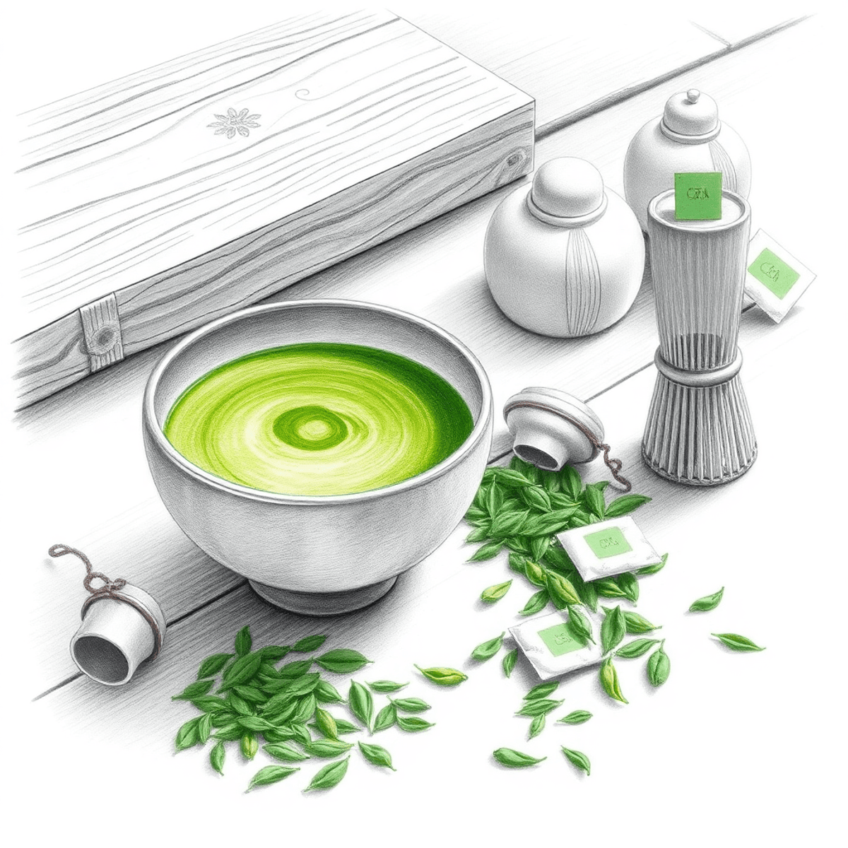 No Whisk? Make Matcha Tea That’s Still Smooth Pencil drawing of a traditional matcha bowl with green powder, bamboo whisk, loose tea leaves, and tea bags on a rustic wooden table, softly lit for calmness.