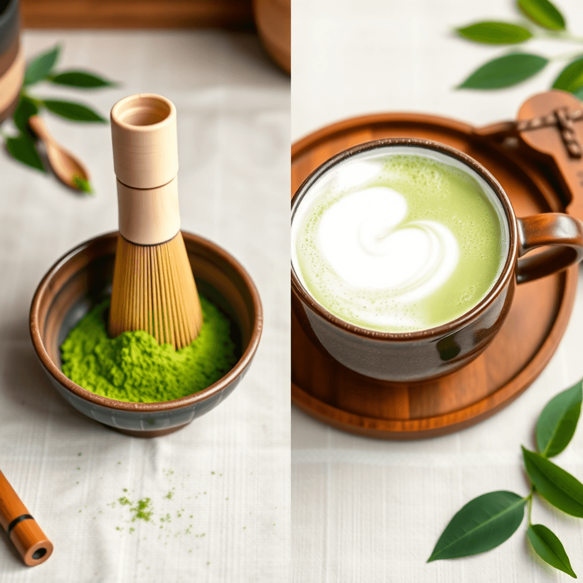 A traditional bamboo whisk and matcha bowl beside a modern frothy matcha latte cup on a soft natural background with green tea leaves.