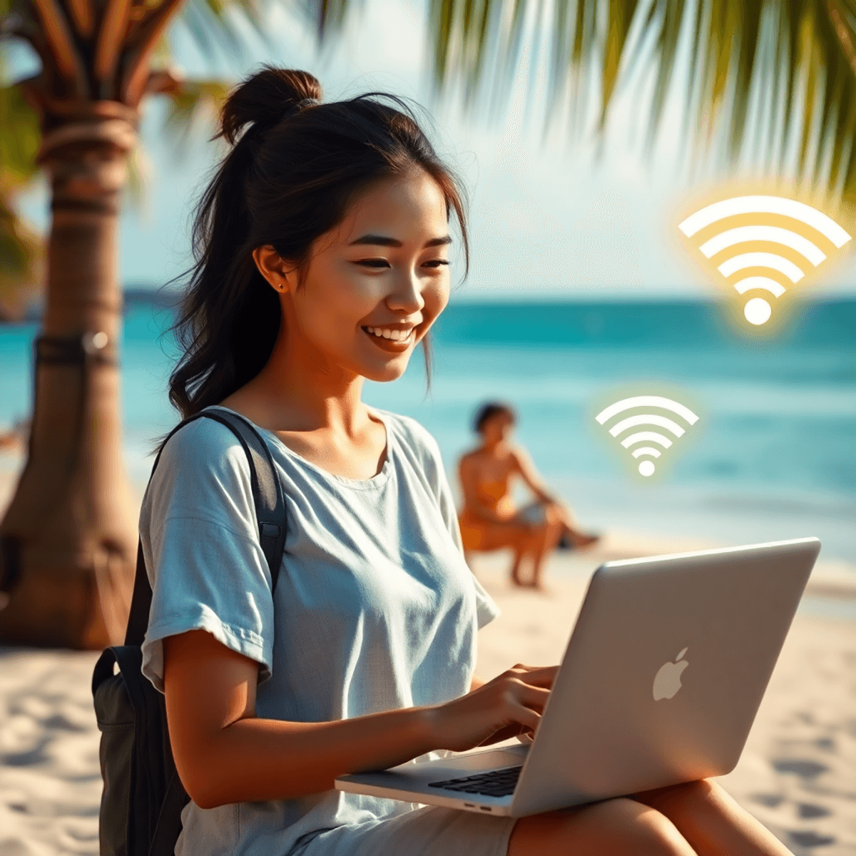 A woman using a laptop on a sunny Zanzibar beach with tropical scenery and glowing Wi-Fi icons in the background, symbolizing connectivity and adventure.
