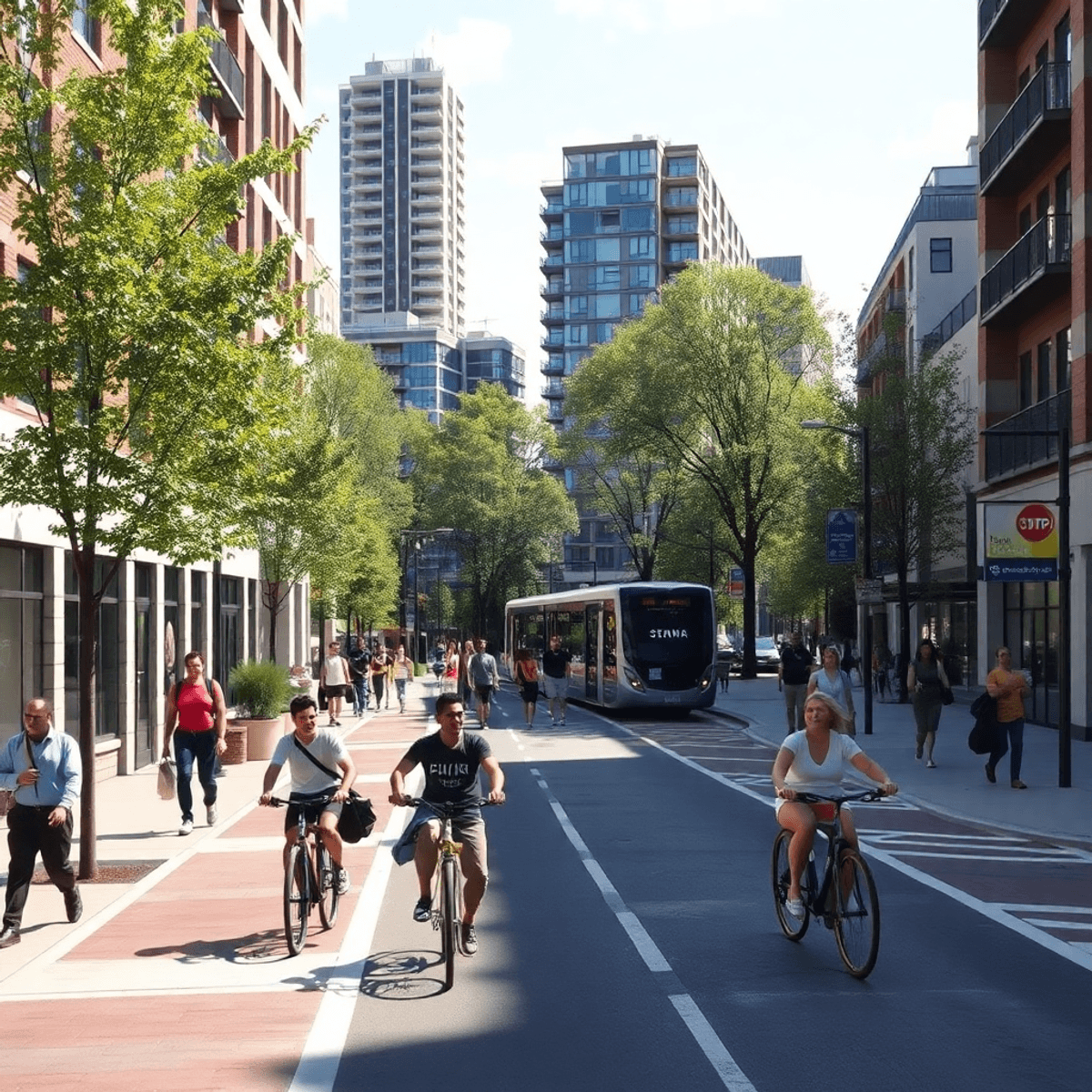 Transit-Oriented Design: Walkable, Bikeable, Buildable Busy city street with people walking and biking on tree-lined sidewalks near modern buildings and a sleek transit station in bright daylight.