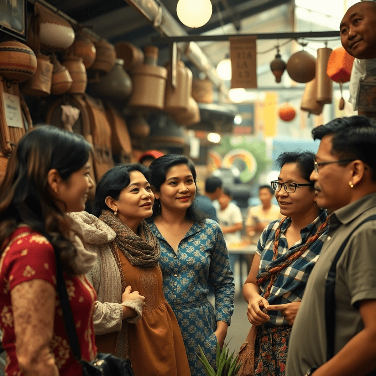 A diverse group of people engaging in a friendly conversation at a local market, surrounded by cultural elements, conveying warmth and mutual understanding.