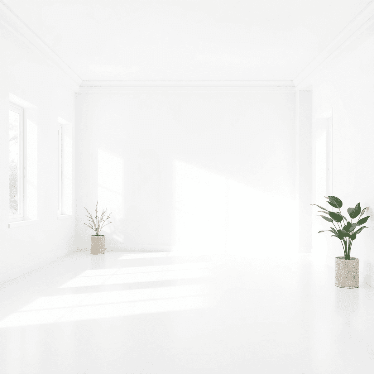 明るく風通しの良い白い部屋で、クリーンなラインと柔らかな自然光が特徴です。インテリアデザインにおいて開放感と多様性を感じさせる空間が広がっています。