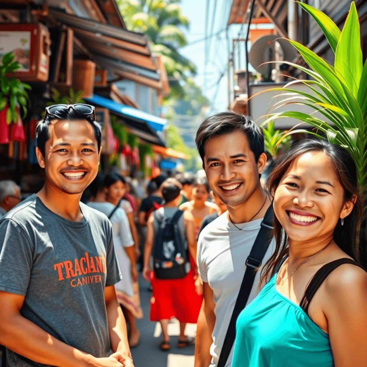 Expats in Asia Sunny Thai street market with smiling people, colorful stalls, lush plants, and friendly interaction in a minimalist style.