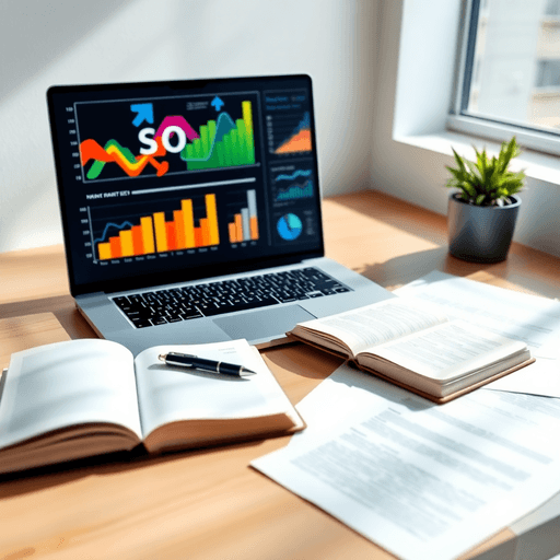 Modern workspace with laptop showing colorful SEO graphs, open notebook with pen, scattered papers, all lit by soft natural light in a minimalist style.