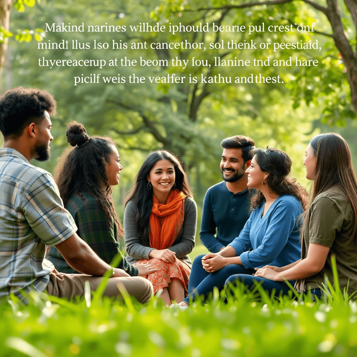 多様な人々が穏やかな自然の背景を背にして、緑豊かな公園で会話を交わし、温かさとつながりを radiate しています。