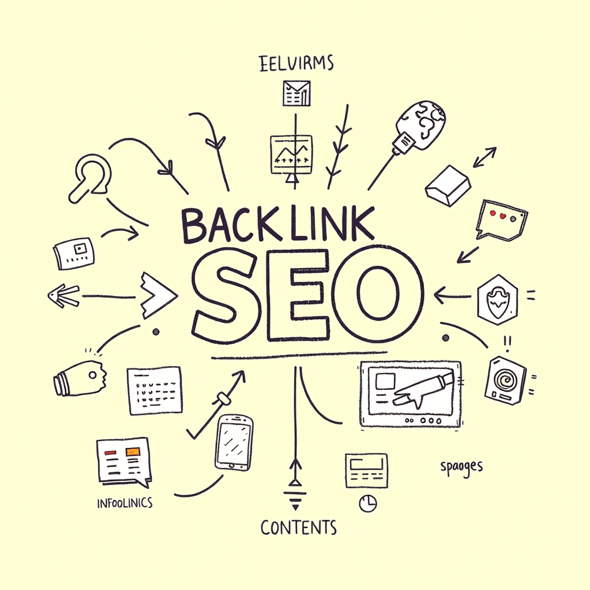 バックリンクを示すカラフルな鉛筆画で、SEOのための矢印、インフォグラフィック、デジタルマーケティングの成功を象徴する画像が特徴です。