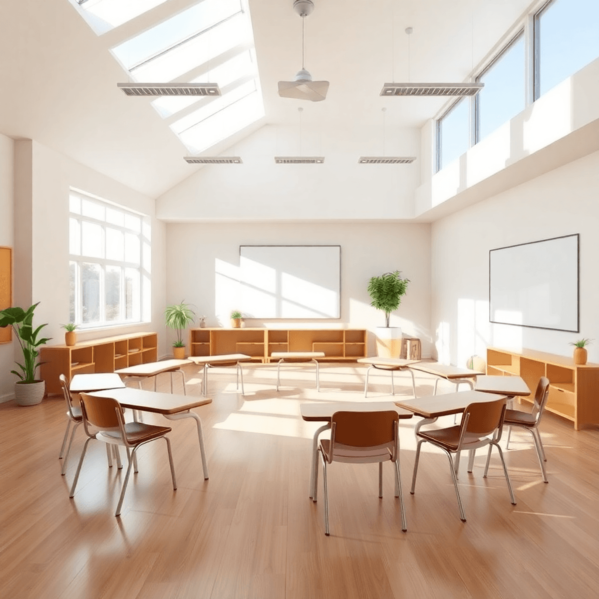 A serene classroom with natural light, featuring a circle of desks surrounded by plants and soft colors, creating a peaceful atmosphere for mindfulness practice.