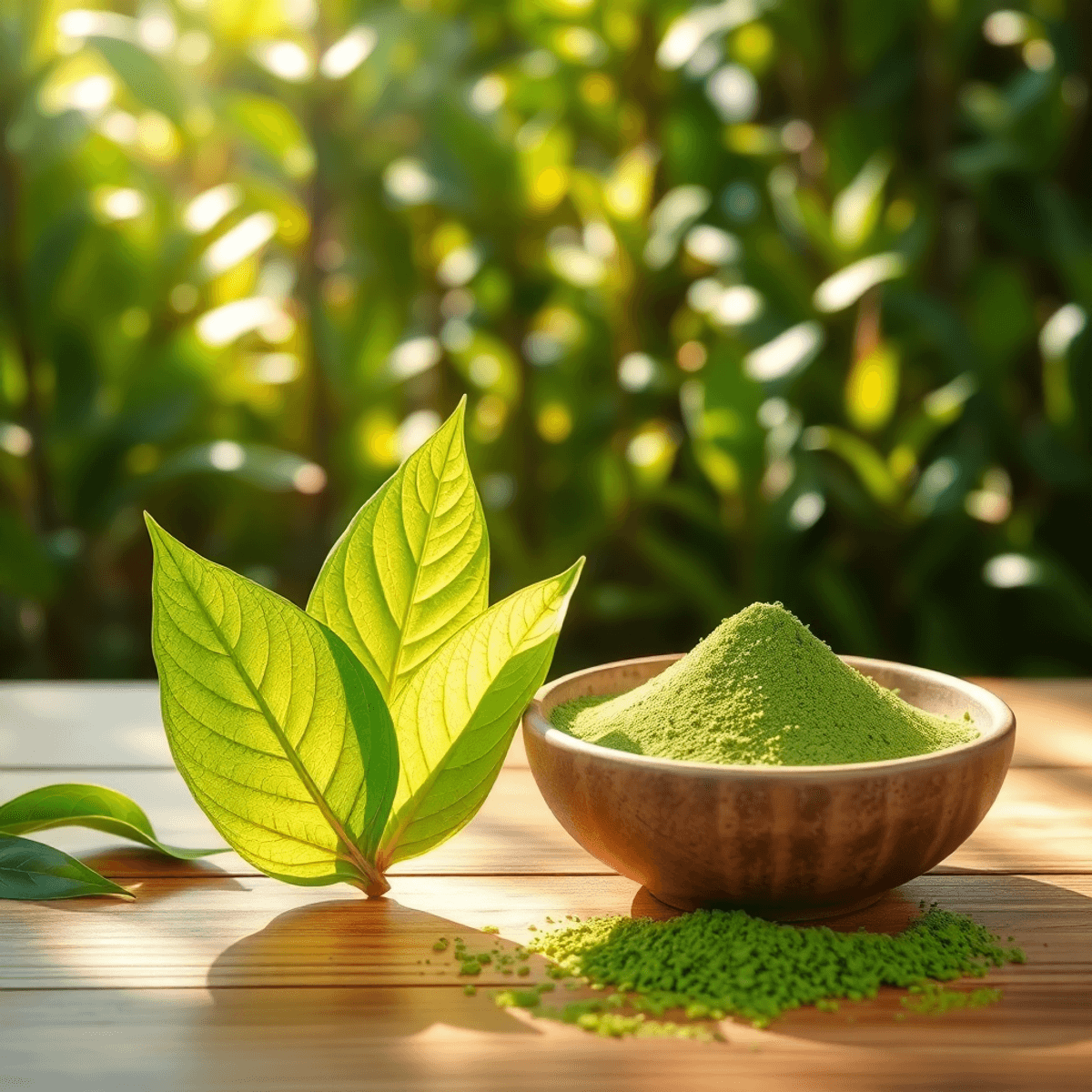 Fresh green tea leaf and bowl of bright matcha powder on wooden surface with sunlight and tea plants in the background.