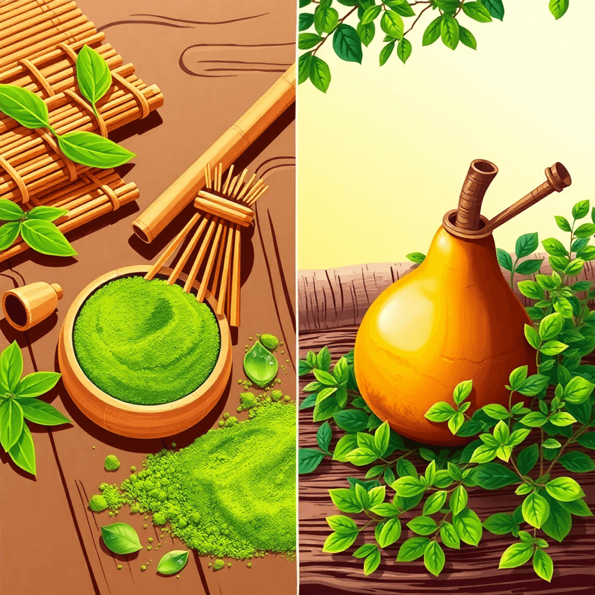 The most golden green color in financial world Split-scene showing Japanese tea ceremony with bamboo whisk and matcha, and South American yerba mate with gourd and bombilla, surrounded by holly leaves.