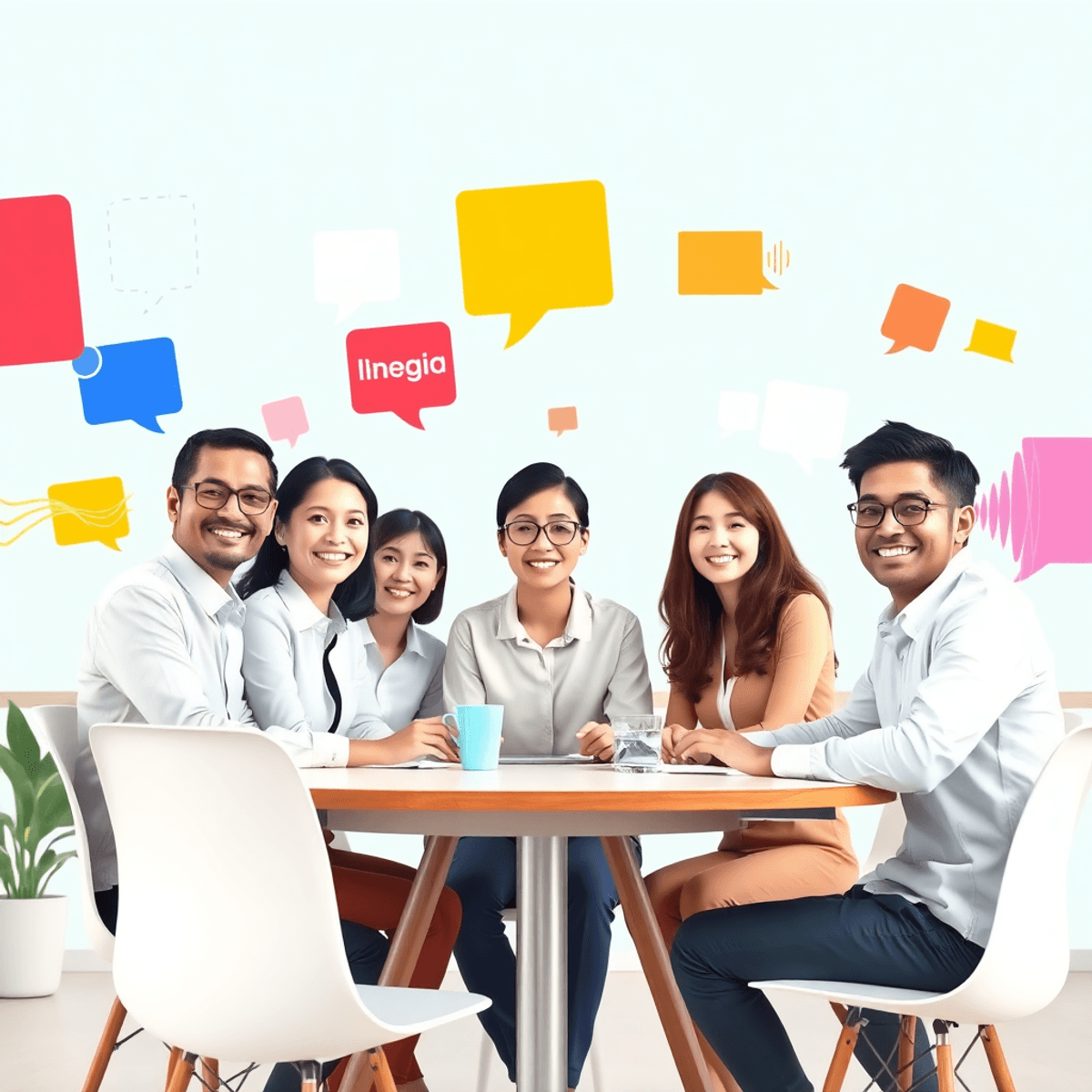 Guidelines in Influencer Internet World Professionals collaborating around a table with floating speech bubbles and colorful sound waves in a bright, modern workspace.