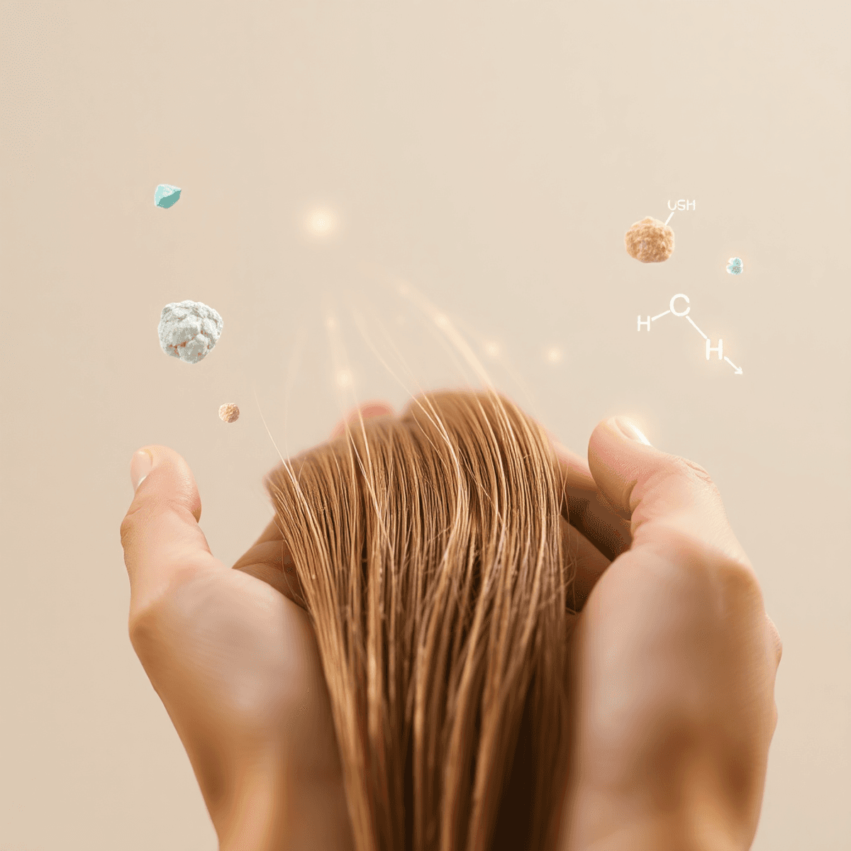 criminology hair Close-up of healthy hair strands held by hands with glowing mineral and chemical element symbols around, on a soft neutral background.