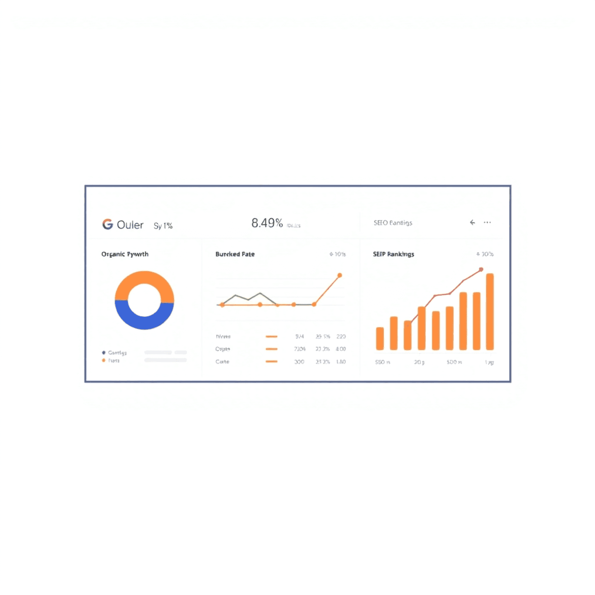 SEO expert A minimalist digital dashboard showcasing simple graphs and icons representing SEO metrics like traffic growth and bounce rate on a clean background.