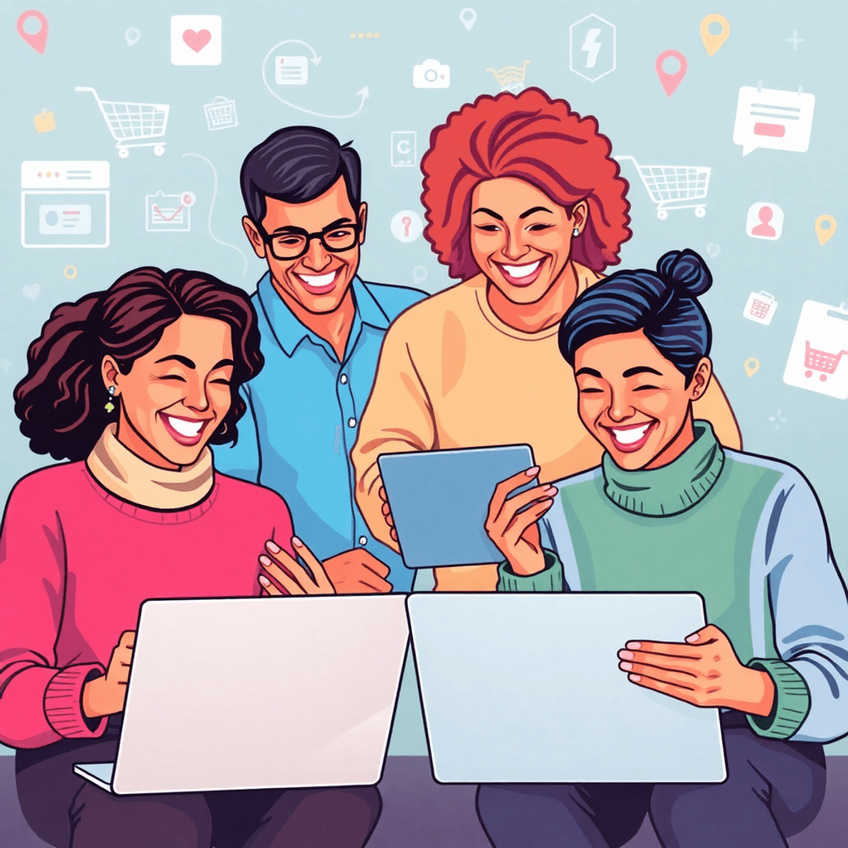 A diverse group of people happily shopping online on laptops and tablets, surrounded by digital elements like shopping carts and product listings, creating a positive atmosphere.