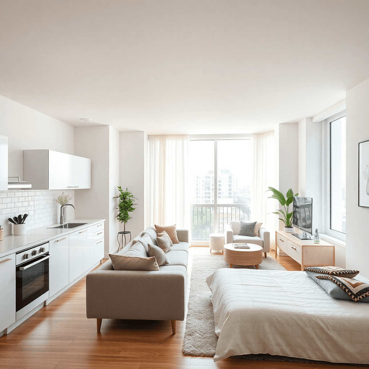 Bright, modern condo interior with open floor plan, cozy living room, sleek kitchen, serene bedroom, all illuminated by natural light.