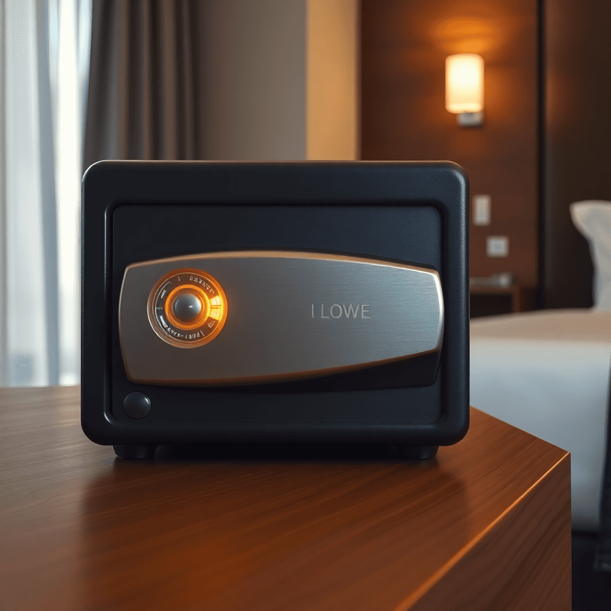 awareness test of hotel check-in: low battery in safety despot box Close-up of a modern hotel safe with glowing low battery light on a wooden surface in a softly lit room, oil painting style.