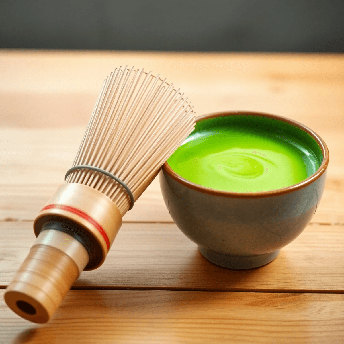 Watercolor image of a bamboo matcha whisk next to a bright green bowl of frothy matcha tea on a wooden table with soft natural light.