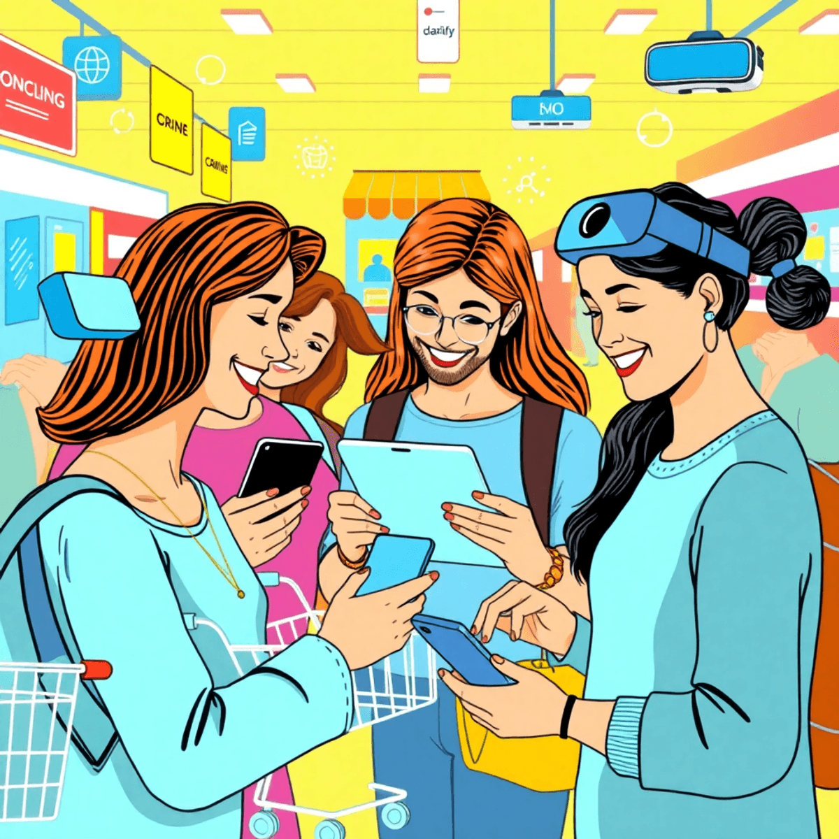A vibrant digital shopping scene with people happily browsing and purchasing items on devices, surrounded by shopping carts, storefronts, and tech symbols in a colorful environment.