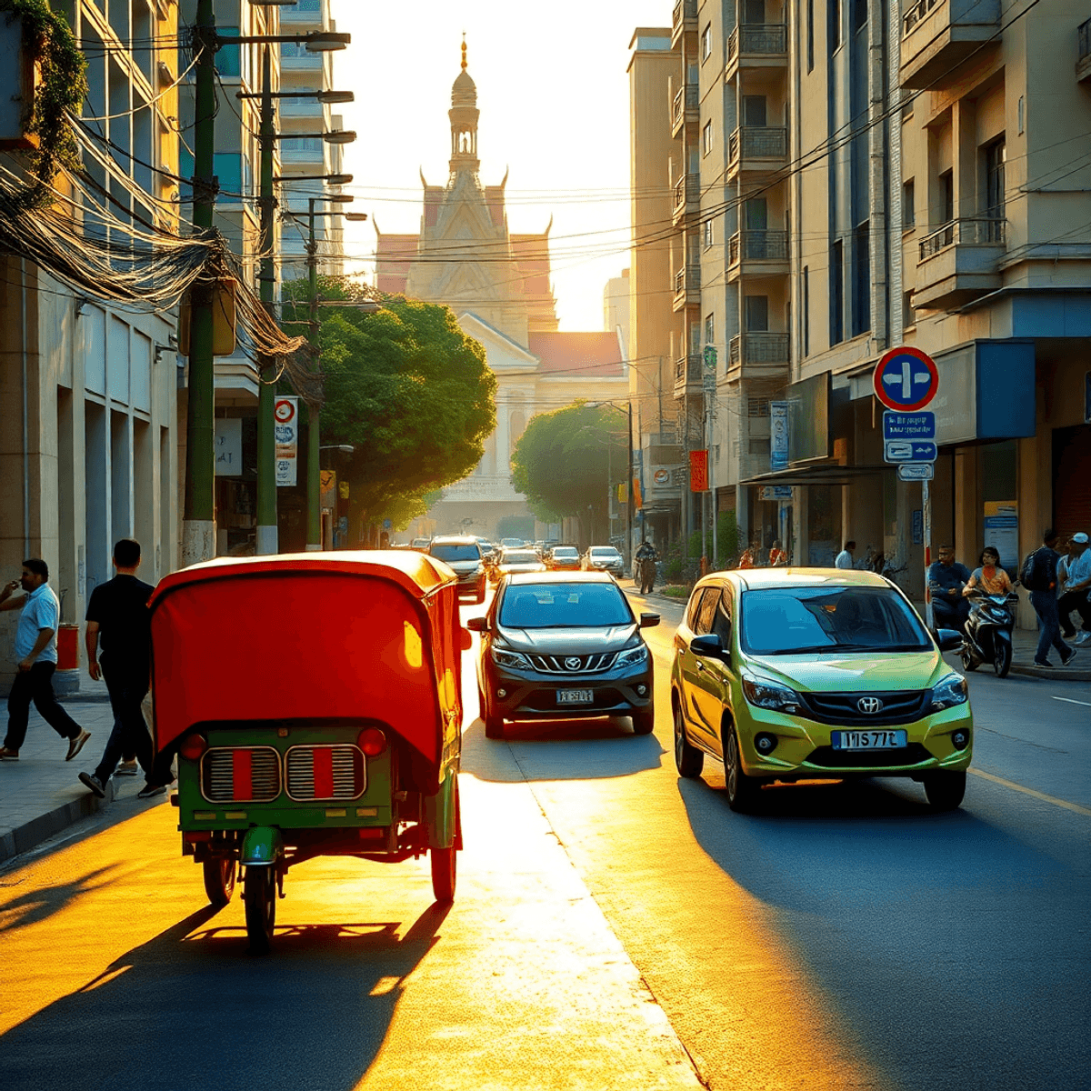 scam in Thiland Colorful tuk-tuk and traditional taxi on busy Thai street with warm sunlight, shadowy figures hinting at scams, abstract arrows overlay, and iconic architecture background.