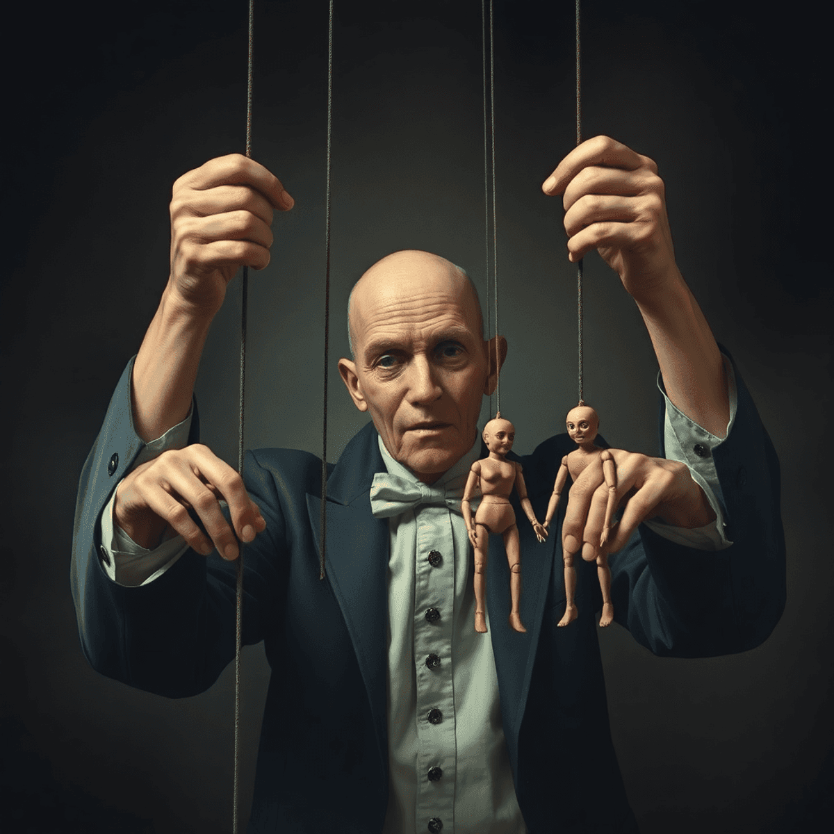 A realistic image of a puppet master controlling marionette strings against a dark background, symbolizing manipulation and control.