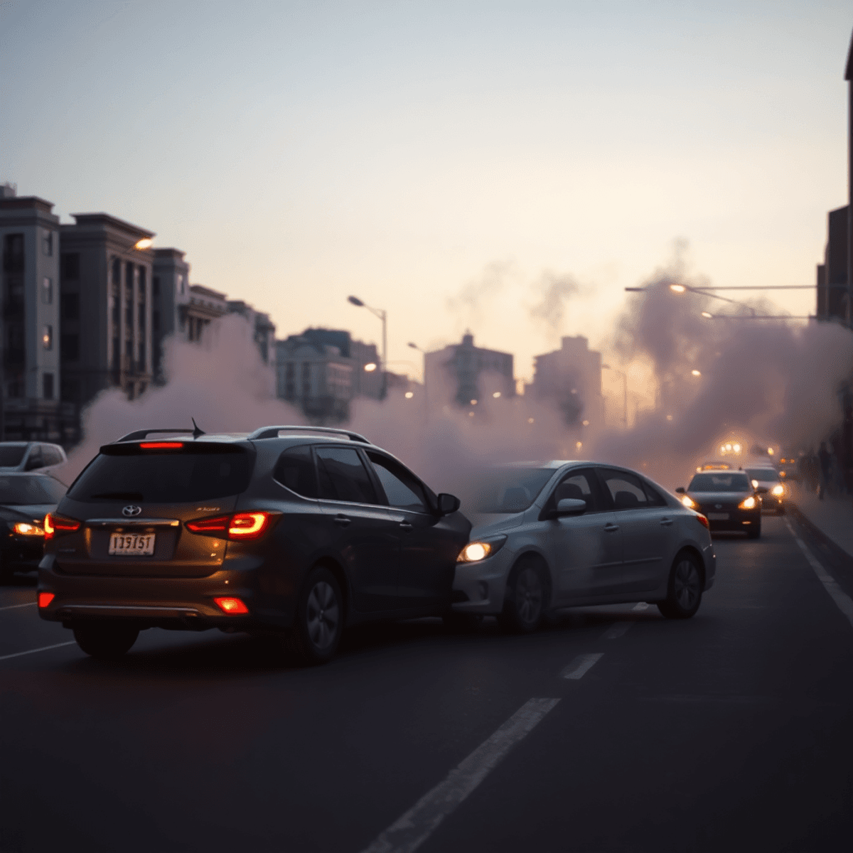 Road Safety Tips, Defensive Driving, Traffic Rules Awareness, Pedestrian Safety, Wildlife Road Crossings, Driver Safety Education, Safe Driving Practices, Highway Etiquette, Urban Traffic Management, Reducing Road Rage, Safe Animal Crossings, Responsible Driving Behavior Two cars gently colliding on an urban street at dusk with faint smoky clouds rising, city buildings and glowing streetlights in a minimalist style.
