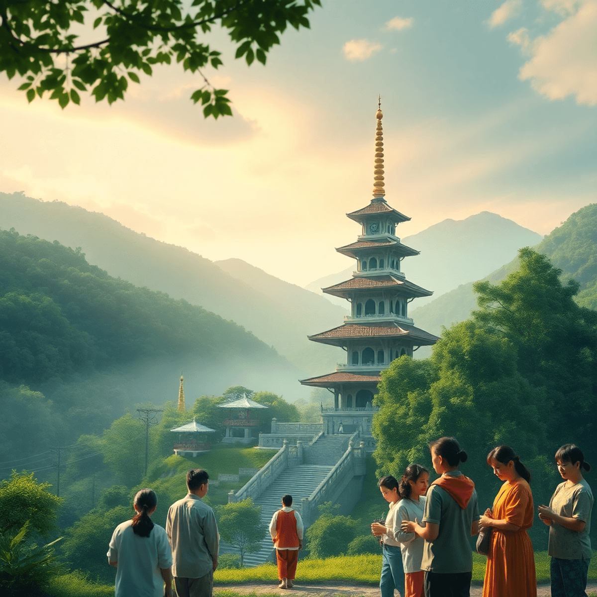 A peaceful Buddhist pagoda in a green landscape, with people engaging in charitable activities like food distribution and medical care, radiating warmth and compassion.