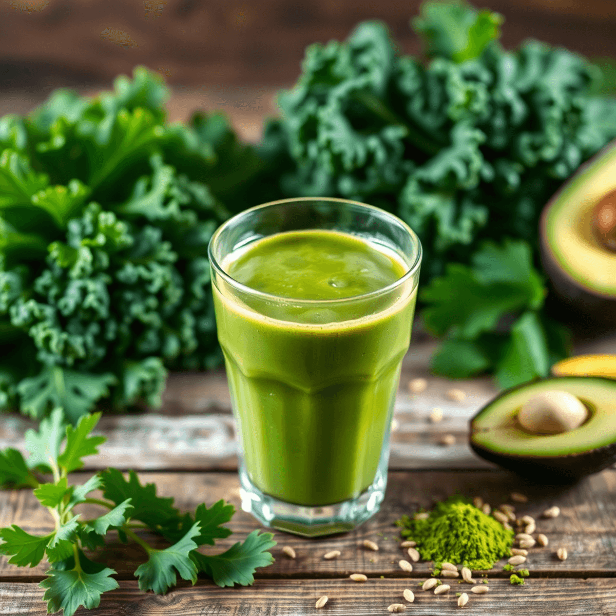 golden gold network A fresh green smoothie in a clear glass surrounded by kale, matcha powder, and hemp seeds on a rustic wooden table.