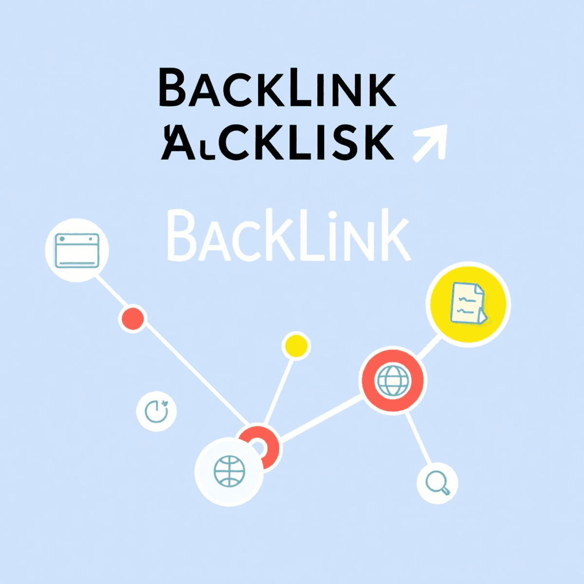 Gambar pensil yang cerah menggambarkan jaringan situs web yang saling terhubung sebagai node dan tautan, menyoroti analisis backlink dalam SEO dengan panah dan elemen desain modern.
