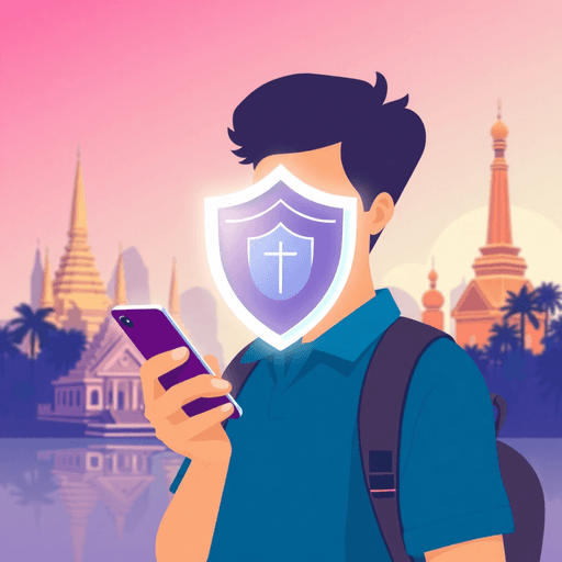 Digital illustration of a traveler holding a smartphone with a glowing shield icon, set against Thailand's landmarks and tropical scenery, symbolizing cybersecurity protection.