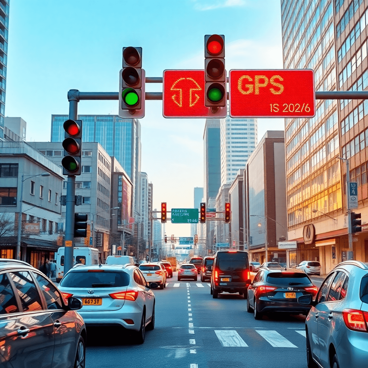 A vibrant cityscape featuring modern traffic with vehicles, smart traffic lights, and digital road signs under a clear blue sky, symbolizing innovative urban mobility.