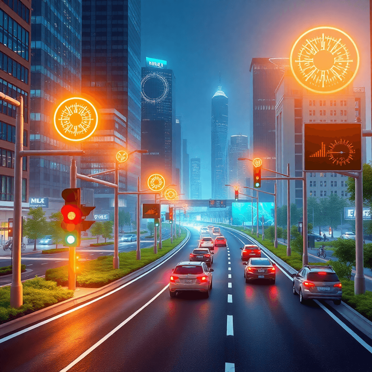 A futuristic cityscape with glowing traffic signals, connected vehicles, and digital displays showing real-time data, surrounded by green spaces for an eco-friendly atmosphere.