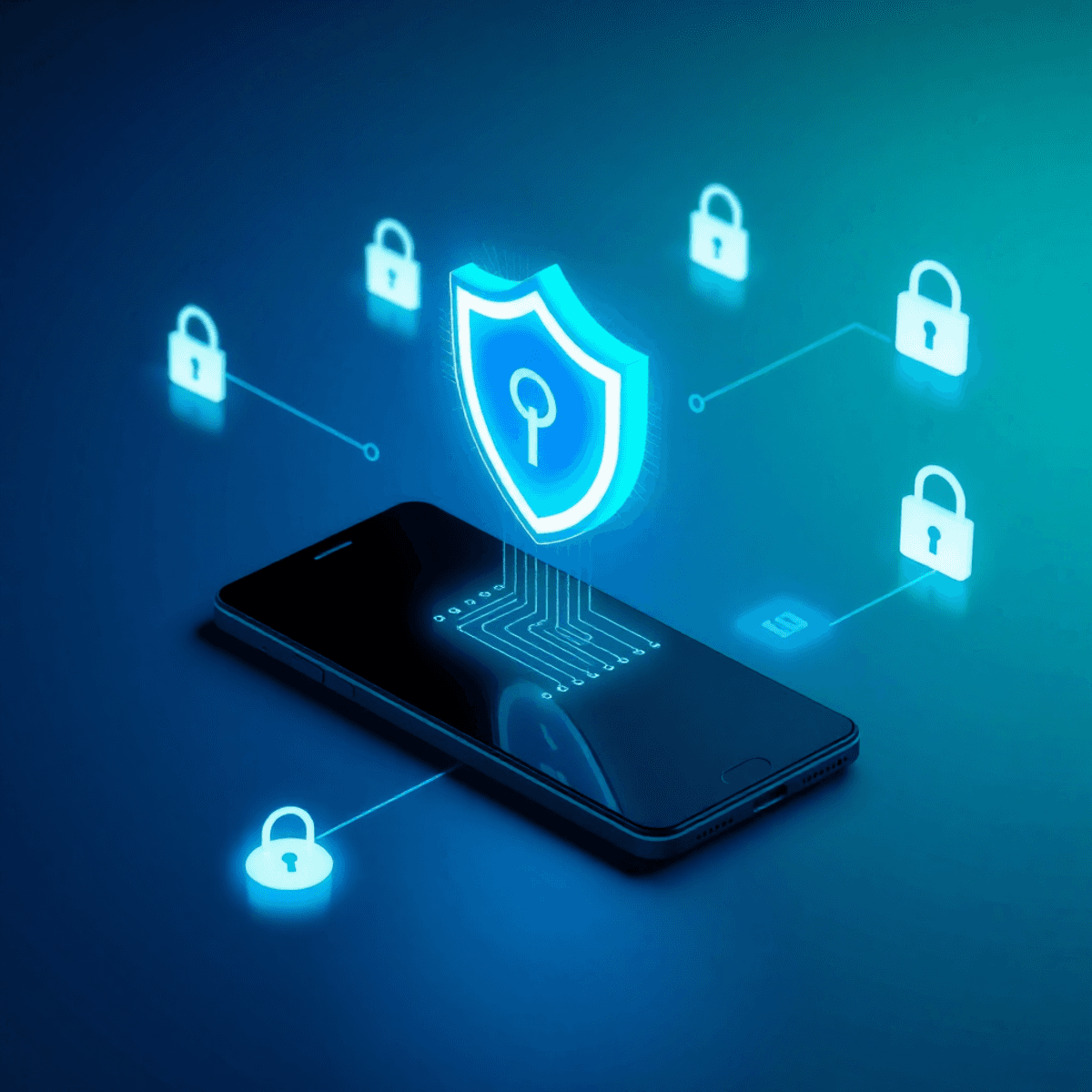 A sleek smartphone with a glowing shield icon and digital locks floating above, set against a dark blue-green gradient background symbolizing mobile security.