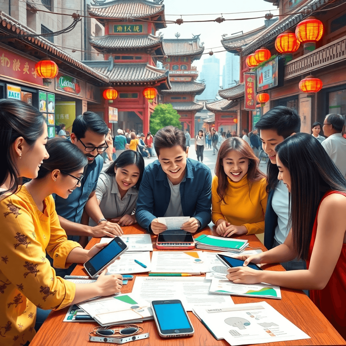 A diverse group of people collaborates around a table filled with educational materials and digital devices, set in a vibrant community atmosphere.