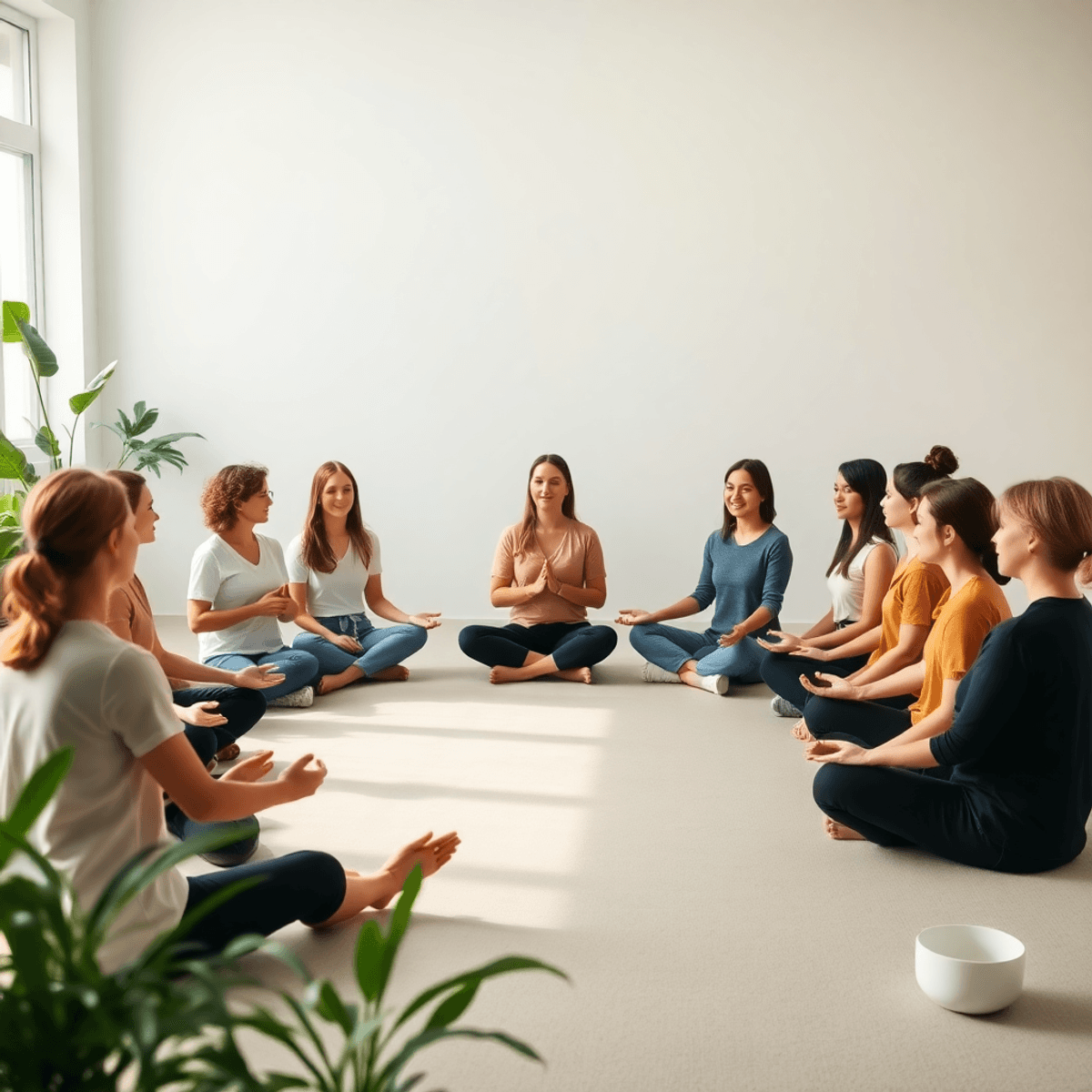A serene classroom with teachers sitting calmly in a circle on the floor, surrounded by soft natural light and plants, embodying mindfulness and tranquility.