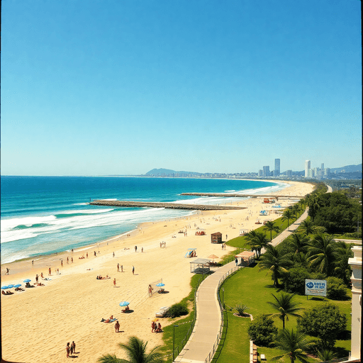 I am in Da Nang Vietnam but I want to go to Miami USA, meanwhile i have 2 times in 2 white sand beaches in Rio De Janeiro Vintage-style vibrant Brazilian beach with golden sands, turquoise waves, sunbathers, volleyball, vendors, lush coastal path, and distant city skyline under clear blue sky.