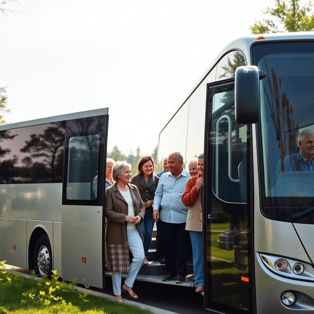 magic hole in big bus A bright coach bus parked in a peaceful suburban area with happy senior passengers boarding, surrounded by greenery and warm natural light in a minimalist style.