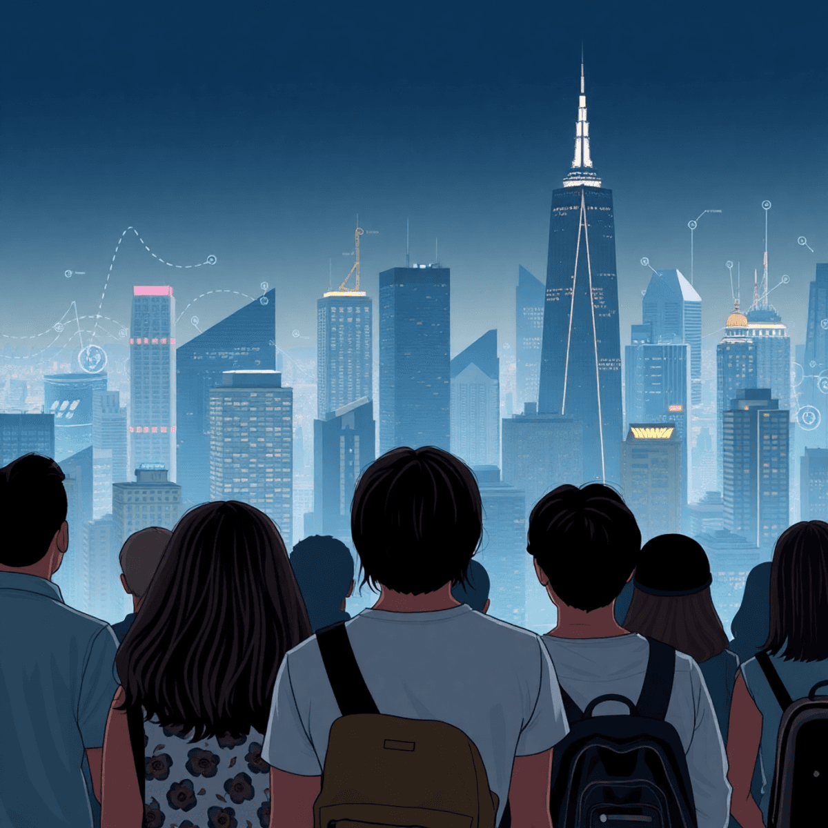 A diverse group of people gazes at a city skyline with high-rise buildings. Graphs and circuit patterns subtly blend into the scene, embodying hope amidst the housing crisis.