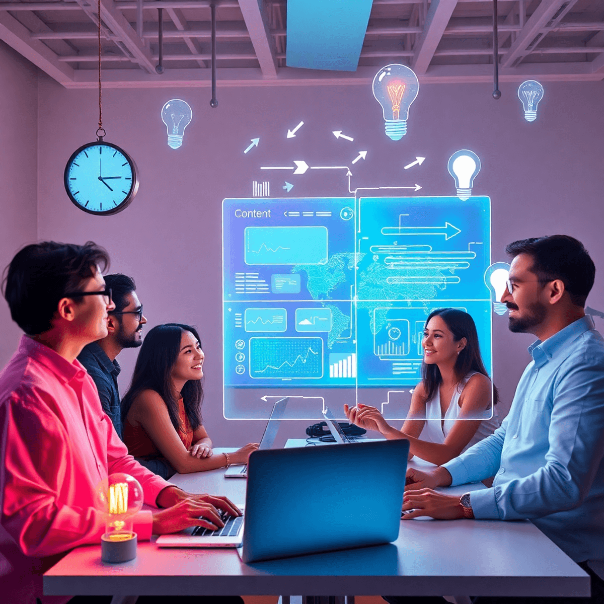 Keeps Your Blog Active - Consistent publishing schedule that drives traffic and engagement A vibrant modern studio with influencers collaborating amid holographic screens, floating arrows, digital clocks, and glowing lightbulbs symbolizing ideas and innovation.