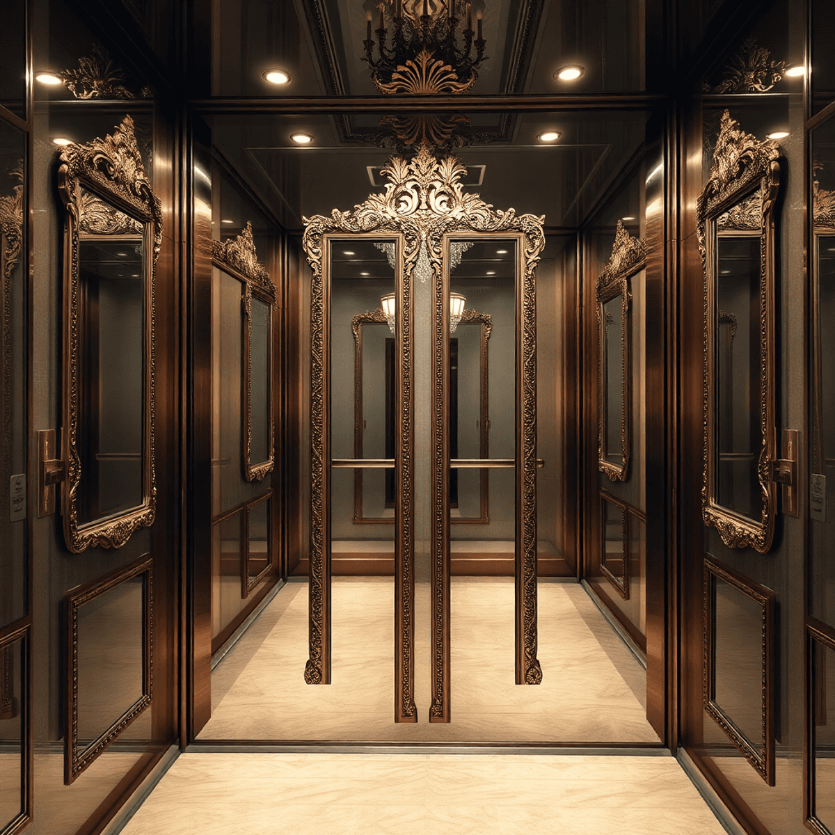 Interior of a modern elevator with ornate Venetian-style mirrors and soft lighting, creating elegant reflections and a surreal sense of depth and space.