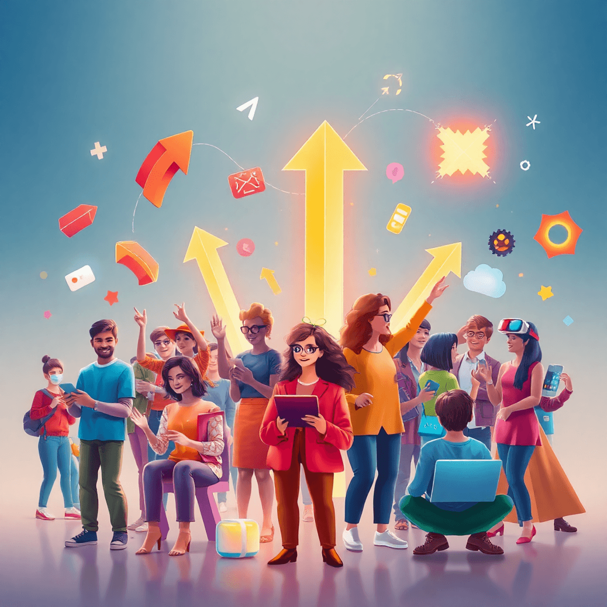 New technology New Influencers Style A group of creators engaged in storytelling, surrounded by glowing arrows and abstract arcs with digital and virtual reality elements in a realistic style.