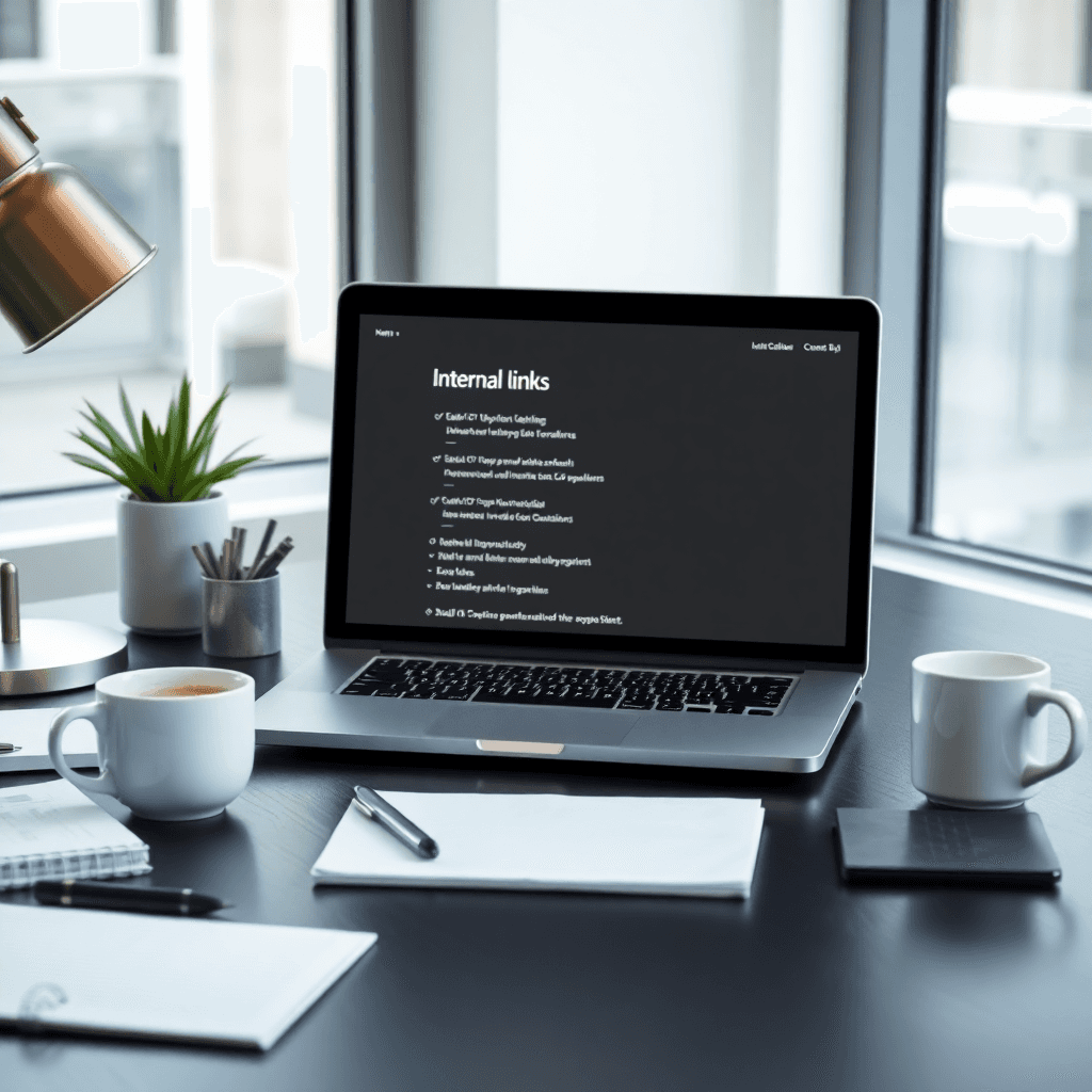 CHAPTER 5: Internal Linking and Revenue Generation A modern desk featuring an open laptop displaying a website, alongside a notepad, pen, and coffee cup, creating a productive workspace atmosphere.