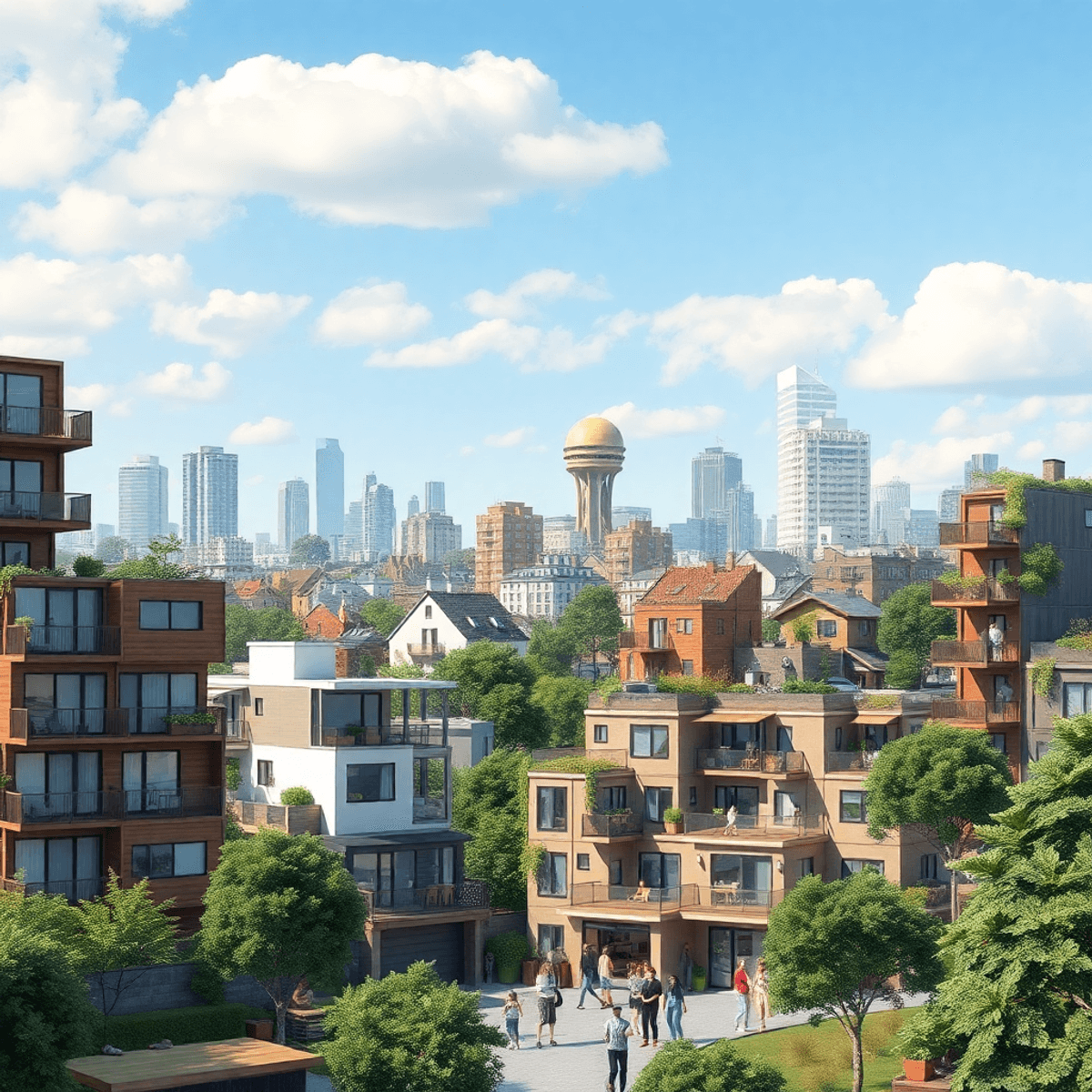 A vibrant urban scene featuring innovative housing solutions like micro-apartments and co-living spaces, surrounded by green spaces and communal areas promoting sustainability.