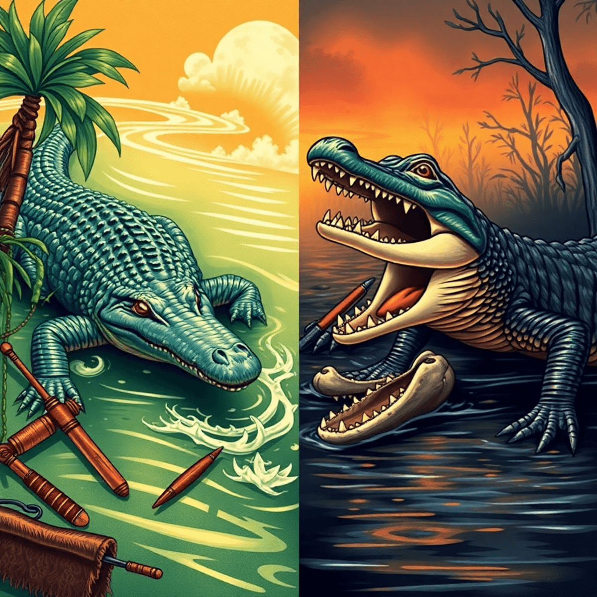 Split-scene vintage illustration of a saltwater crocodile in an Indian river with traditional hunting tools, and an American alligator in a US swamp with modern hunting gear.
