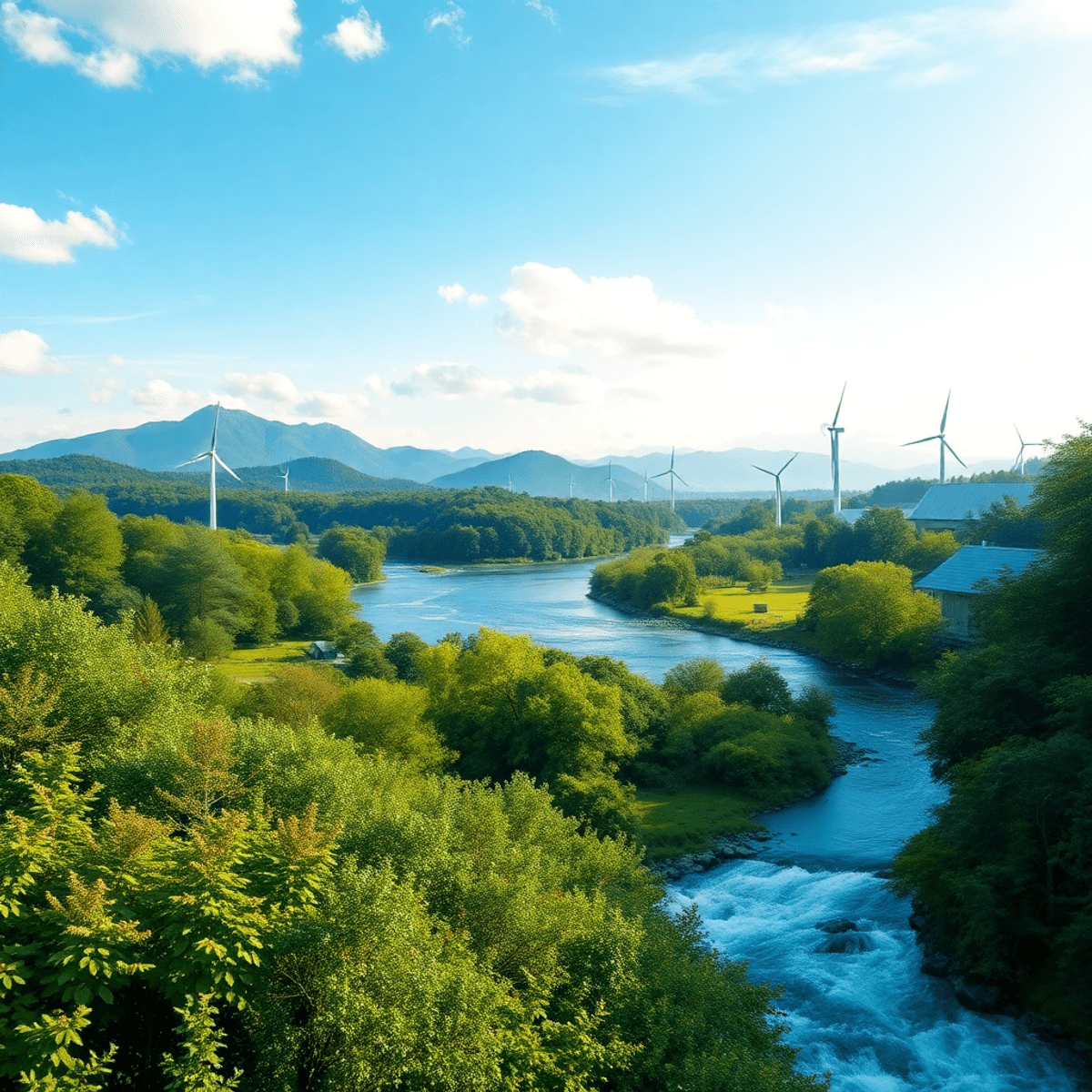 A serene landscape featuring lush greenery, a flowing river, and clear blue skies, with wind turbines and solar panels in the background, symbolizing sustainability and health.